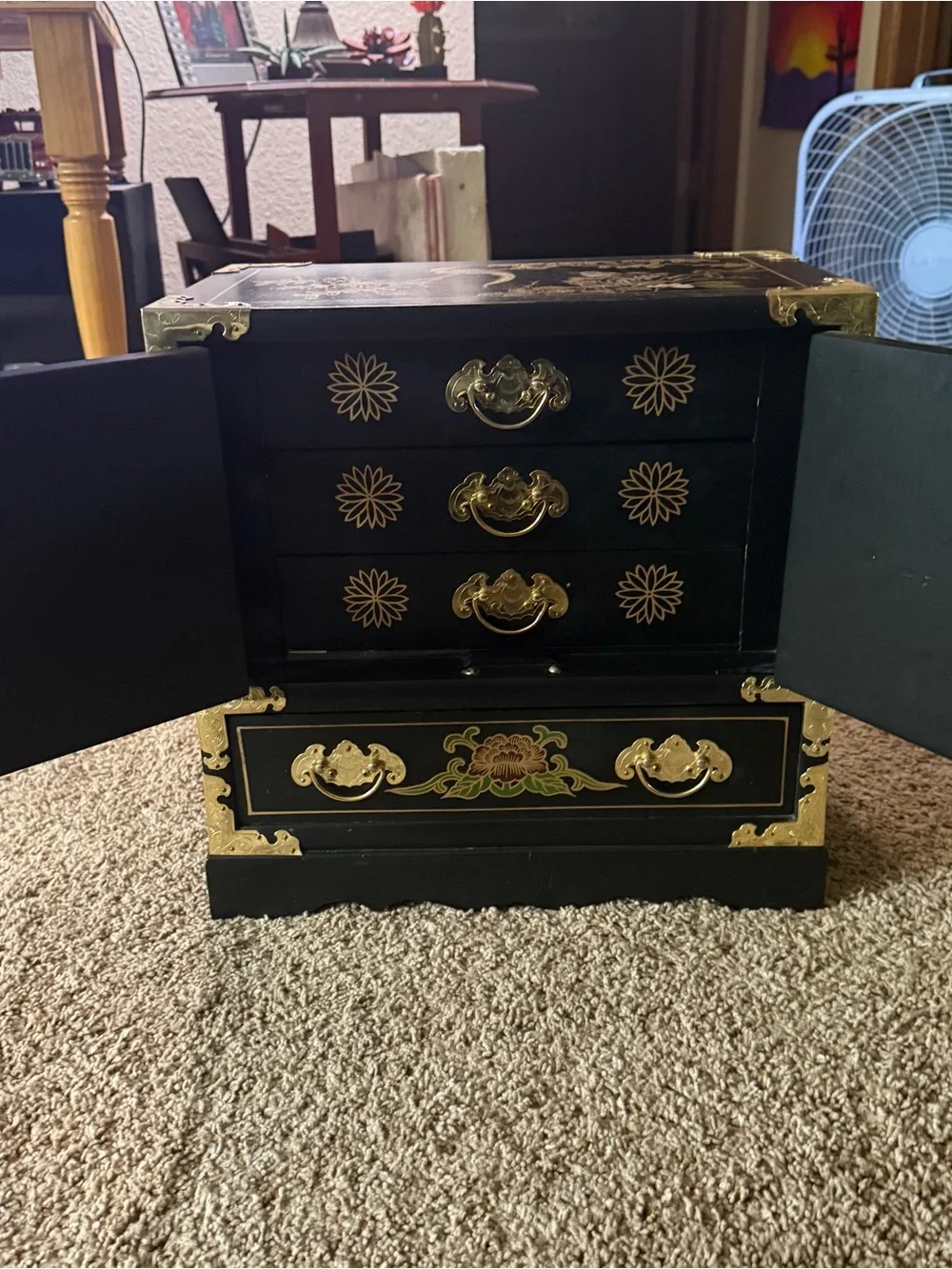 Beautiful Black laquared Vintage Floral Jewelry Cabinet with Gold Hardwood.